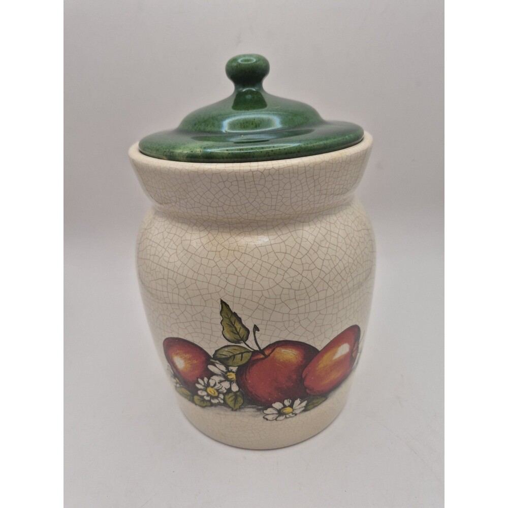 Vintage Apples & Daisies Cookie Jar/Canister Cracked Finish 7" Cottage Core